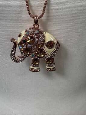Off Park JTV Crystal Elephant Pendant Necklace Rose Gold Tone Lucky 17”
